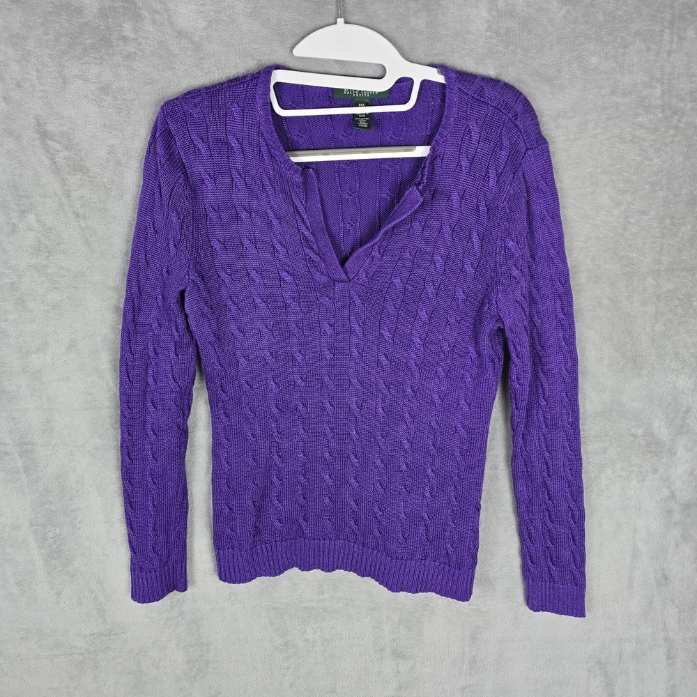 Lauren Ralph Lauren Petite Purple Cable Knit Notched V-Neck Sweater‎ PM Cotton